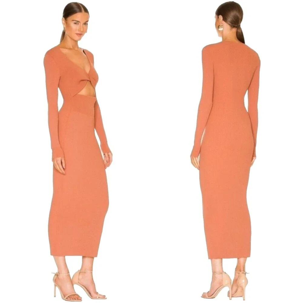 A.L.C. Women's Midi Dress XL Orange Ribbed Knit V-Neck Long Sleeve ALC NEW - Picture 2 of 7